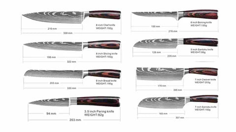 Yakushi 8-piece Japanese-style kitchen knife set dimensions and individual knife weights
