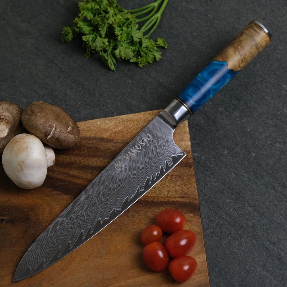 Yakushi Japanese chef knife on a board, shown as the tool for learning safe beginner knife skills