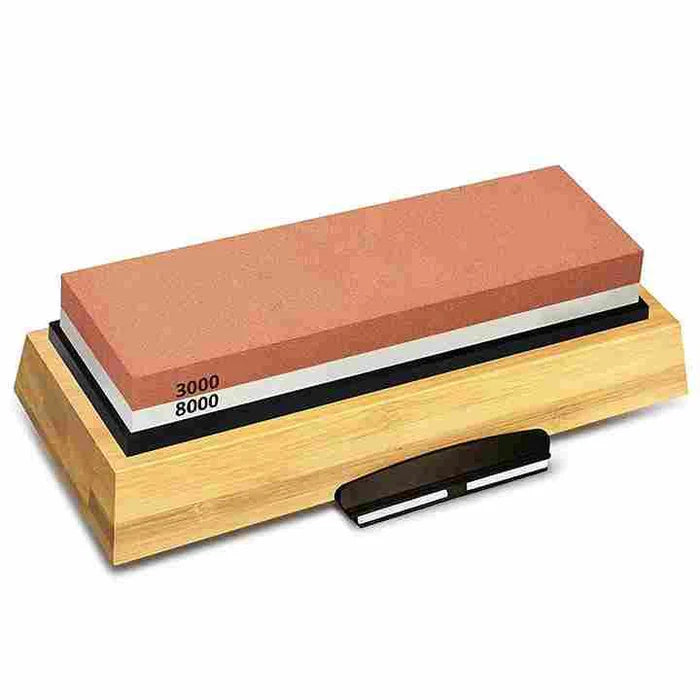 Yakushi dual-sided 3000 and 8000 grit whetstone in a bamboo base with an angle guide